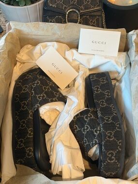 Gucci Black and Ivory GG Jacquard Platform Slides
